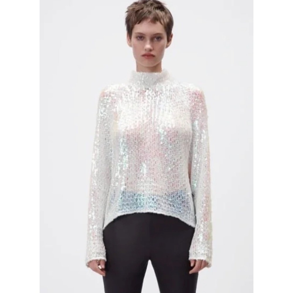 NWT Zara Iridescent Sequin Mock Neck Knit Sweater Top semi sheer XS